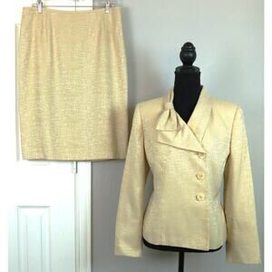 Kasper Yellow & Silver Skirt Suit Set Bow Collar Pencil Skirt 12P Petite